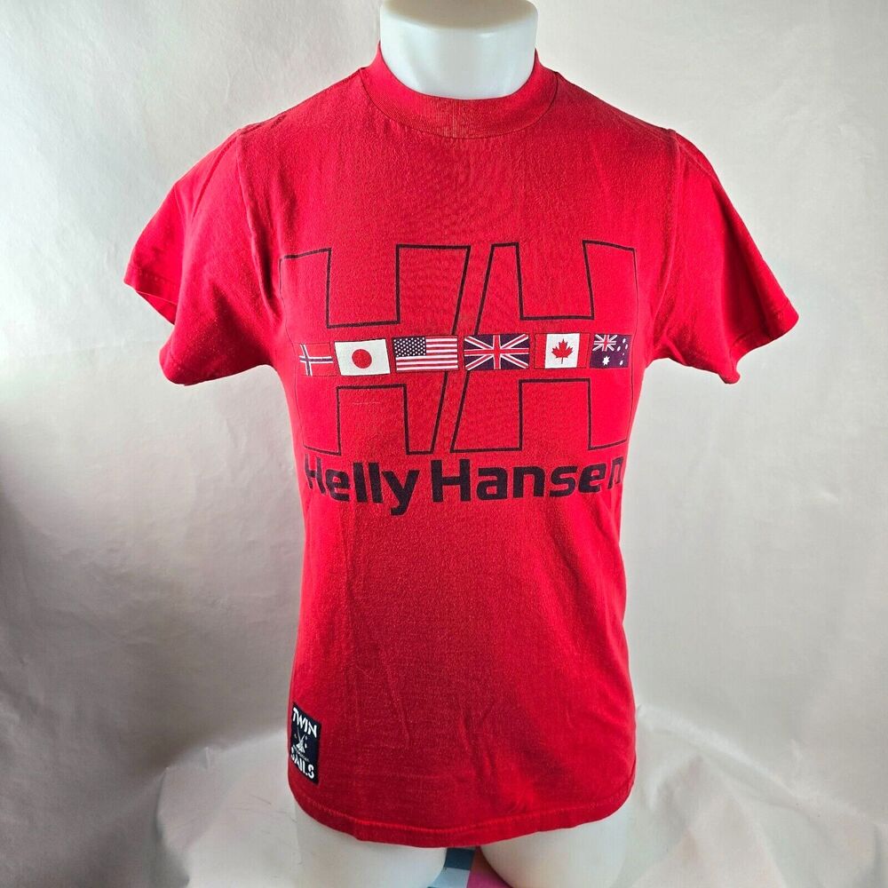 Helly Hansen T-Shirt Mens Small Red Twin Sails Spell Out Flags Vintage 90's
